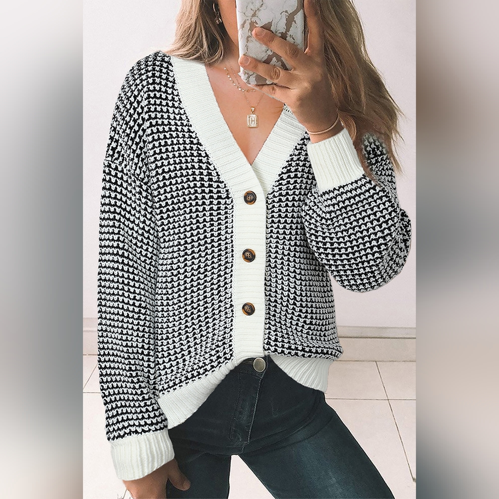 Woven Right Waffle-Knit Drop Shoulder Button-Down Cardigan